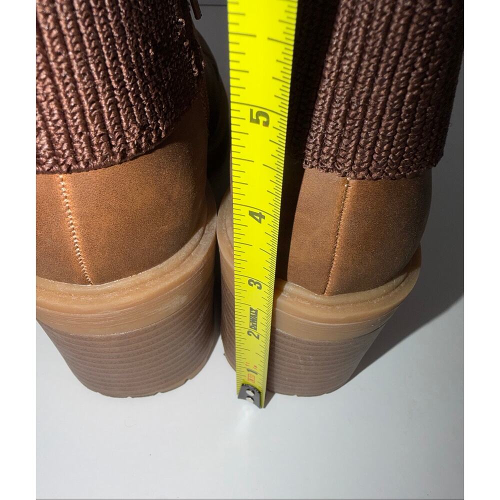 Muk Luks Brown Faux Leather Ankle Booties Size 7.5 Knit Cuff Lug Sole 2.5” Heel - Picture 7 of 11